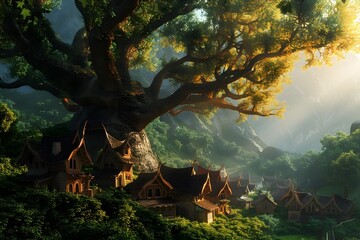Enchanting Fairy Tale Village Nestled Beneath Majestic Tree Canopy