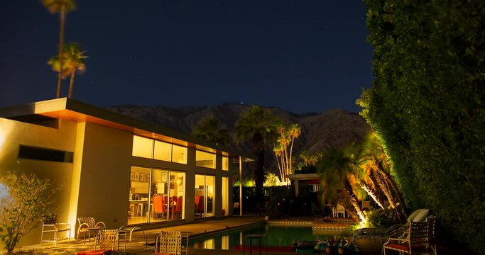 Palm Springs Mansion Estate Night Sky Pool Palm Trees Mountain Timelapse 4K