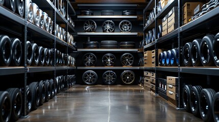 Contemporary alloy wheels storage with white alloy wheels, clean and ready to use, displayed on sleek, modern shelving units