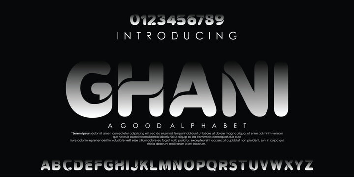 The image is a black and white advertisement for a font called Ghani. The font is described as a "good alphabet" and is used to introduce the font