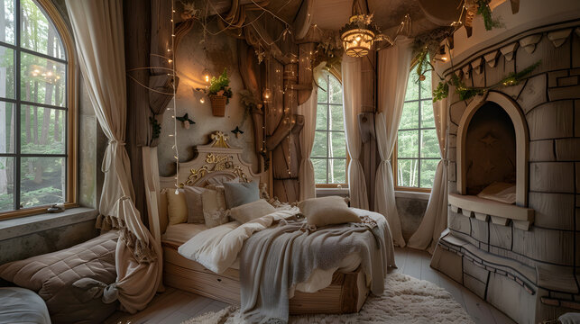 A room with a castle theme, featuring a bed with a teddy bear on it