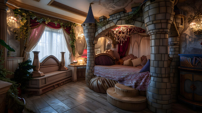 A room with a castle theme, featuring a bed with a teddy bear on it