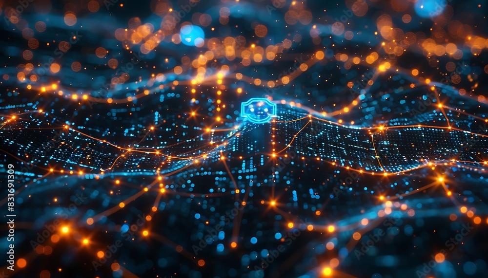 Poster Central chatbot icon in a glowing network of blue and orange connections, highlighting advanced digital communication technology