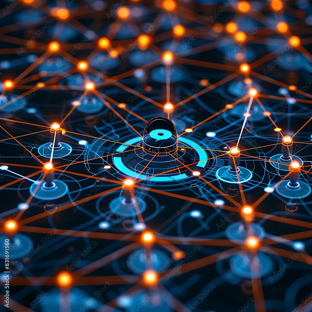 Aufkleber A dynamic network with a central chatbot icon, glowing blue and orange lines illustrating sophisticated digital communication