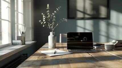 A workspace featuring a laptop, a pad of paper, and a pen, ready for a remote job or homework session, with a clean and contemporary design