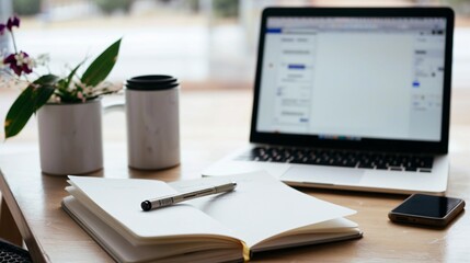 A cozy study area with a notebook, pen, and a laptop, designed for a student to focus on their homework and online education