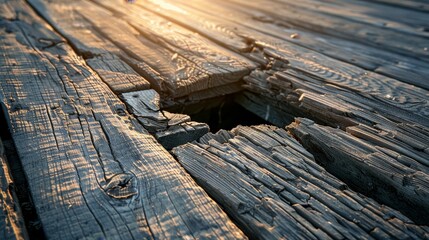 Detailed view of a damaged wooden deck, large hole with jagged boards, raw and rugged texture, sunlight creating contrast, close-up shot
