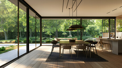 A large, open room with a long wooden table and many white chairs