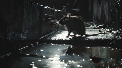An atmospheric scene of a sewer rat standing on a ledge with dim, ambient lighting casting its long shadow on the wet, grimy floor, highlighting the resilience and adaptability of urban wildlife.