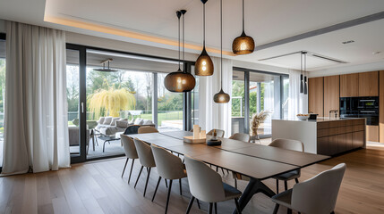 A table with four white chairs and a vase of flowers in the center