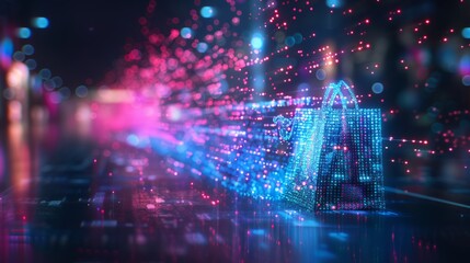 Obraz premium A digital landscape showing a stream of data leading to a virtual shopping bag, online shopping, dynamic and dramatic compositions