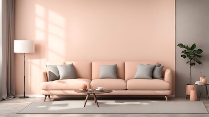  Peach fuzz interior room trend color year 2024. Texture mockup wall for art - microcement pastel apricot beige tan colour plaster. Modern room design living lounge. Accent cozy gray sofa. 3d render 