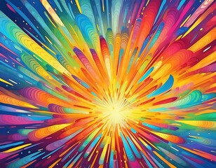 Color explosion background. Dynamic rays of blue, green, purple, red, yellow, and orange emanate from a central glowing center.