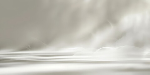 Obraz premium White empty room with smoke or fog on white background. Misty ethereal scene with soft light and reflective surface creating a serene and calming atmosphere in a dreamy abstract style 