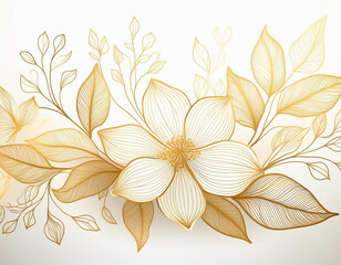 elegant, golden fine-line flowers with leaves on a white background.