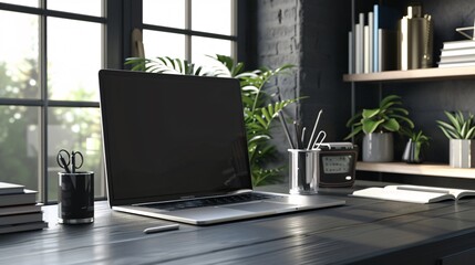 A modern home office setup with a sleek laptop on a minimalist desk, complete with stationery, a planner, and a pen, creating an elegant and professional atmosphere