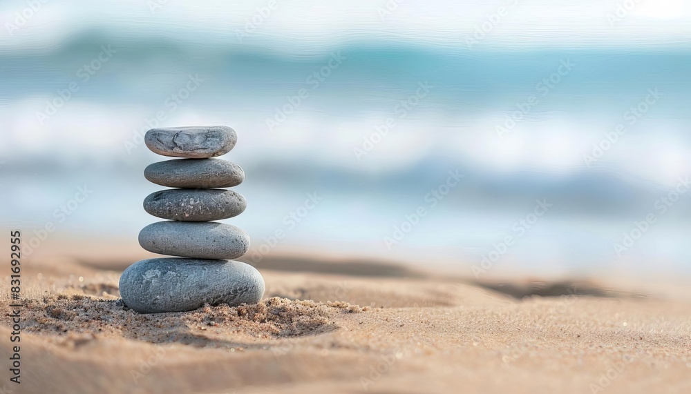 Wall mural minimalist zen stone stack on sand with blurred beach background peaceful meditation and mindfulness photograph