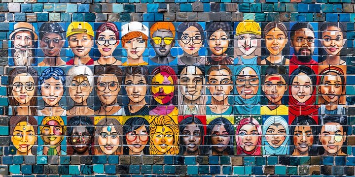 A colorful mosaic wall depicting a variety of diverse faces, symbolizing cultural diversity, unity, and community.