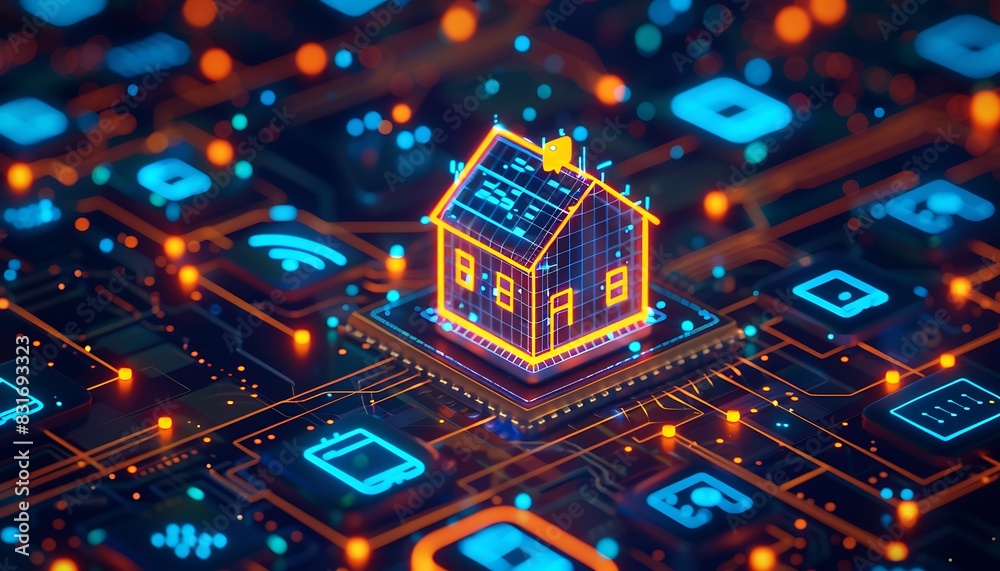 Aufkleber smart home setup with ai-driven devices, featuring a holographic house and glowing blue and orange e