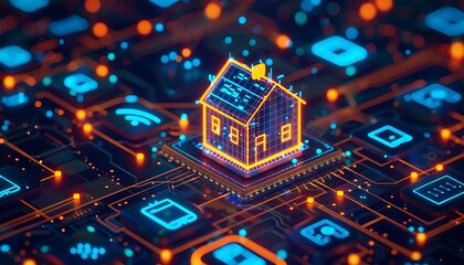 Obraz premium Smart home setup with AI-driven devices, featuring a holographic house and glowing blue and orange elements, showcasing advanced technology