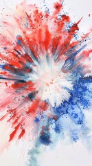 Red, white and blue fireworks illustration with an abstract watercolor style. 