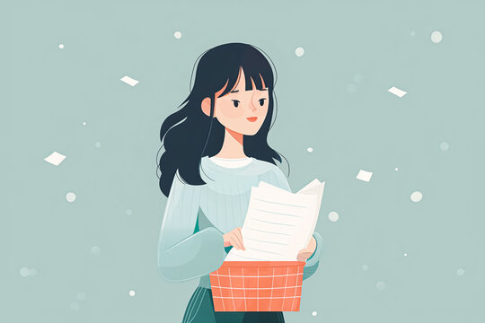 A flat design image of a woman looking at a shopping list while holding a shopping basket, created with minimal details and soft, muted tones