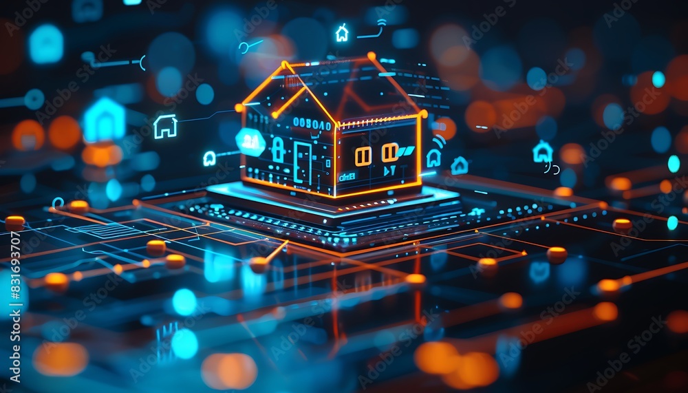 Poster Smart home setup with AI-driven devices, featuring a holographic house and glowing blue and orange elements, showcasing advanced technology