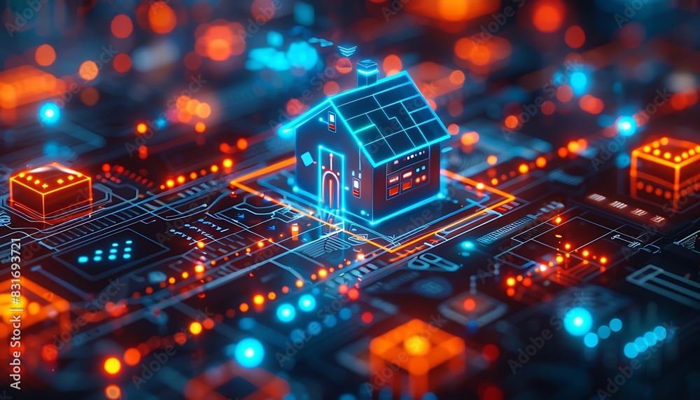 Poster Smart home setup with AI-driven devices, featuring a holographic house and glowing blue and orange elements, showcasing advanced technology