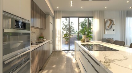 Contemporary kitchen with digital displays on appliances, induction cooktops, integrated storage solutions, and a clean, modern aesthetic