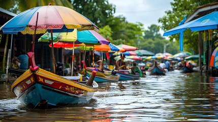 Obraz premium Vibrant Floating Market with Colorful Boats and Umbrellas on the Waterway