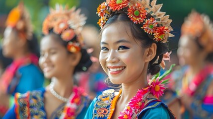Smiling Woman Wearing Traditional Thai Costume at Cultural Festival