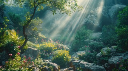 Obraz premium From rocky crevices to sun-dappled clearings, the camera explores every facet of the mountain herbal sanctuary, capturing moments of serenity and vitality.