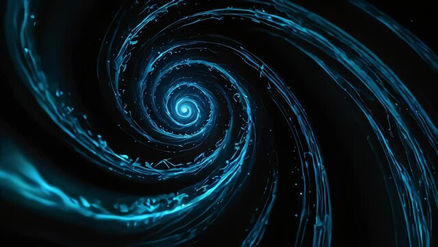 Blue vortex spiral energy rotating motion on black backdrop