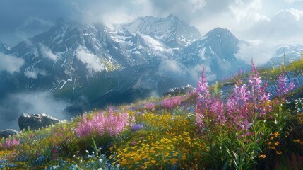Fototapeta premium Amidst the whispers of the wind and the rustle of leaves, the camera captures the essence of the mountain's soul, where herbs thrive in quiet abundance.