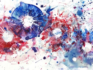 Red, white and blue fireworks illustration with an abstract watercolor style. 
