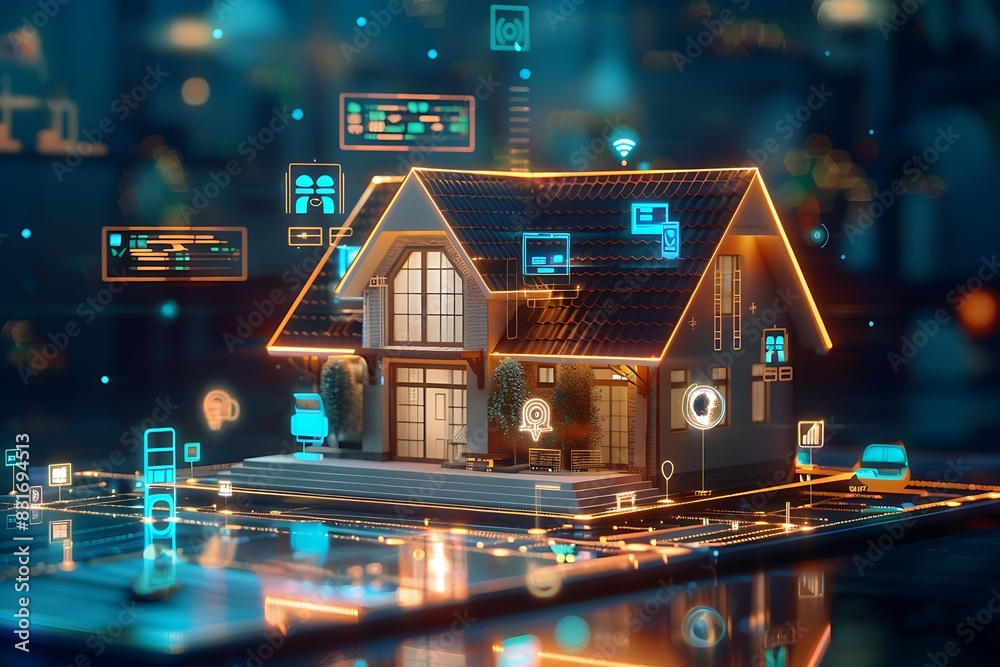 Fototapete advanced smart home with a holographic house model on a digital tablet, showcasing interconnected ai