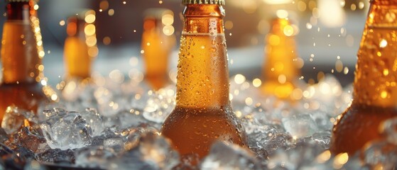 Close-up view of beer bottles chilled in an ice bucket, glistening with moisture, bar environment with a blurred backdrop