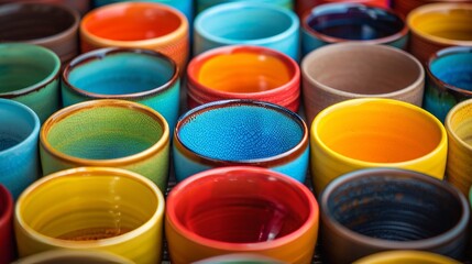 Close-up, vibrant ceramic cups in various colors arranged in a symmetrical pattern, isolated background, studio lighting