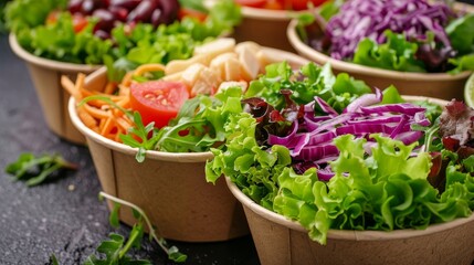 Close-up of organic salads in eco-friendly paper containers, vibrant greens, and fresh ingredients, isolated background, studio lighting