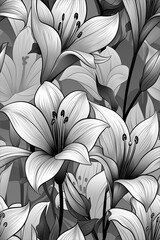 A black and white drawing of a bunch of flowers