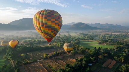 Majestic Hot Air Balloons Floating Over Lush Countryside Landscape in Chiang Rai Thailand