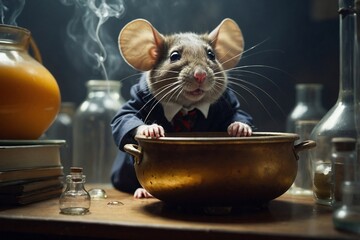 Fantasy image of a mouse student in a school uniform, looking shocked as it peers into a bubbling...