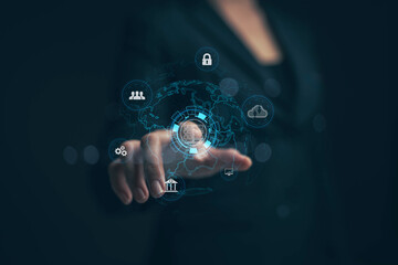 Network server. Businessman touching virtual screen. Worldwide business network connection concept. Business information collection.