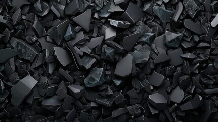 Abstract Background Of Dark Crushed Stone Pieces Scattered On The Ground.