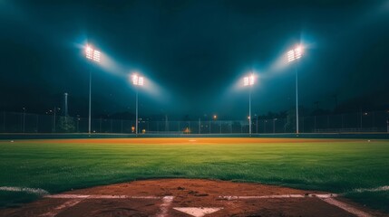 An Empty Baseball Field At Night Under The Bright Lights.