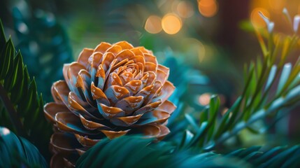 30 words or 130 characters for adobe stock title relate with image reference:..amazing close-up of a pine cone in the forest. the warm sunlight is shining through the trees 