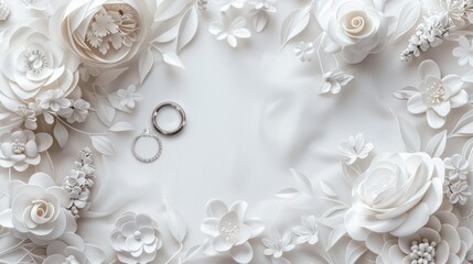 Two Wedding Rings On A White Silk Background With A Floral Frame.