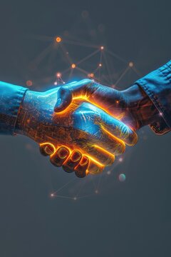A handshake icon with a glowing light effect, symbolizing a successful partnership or deal, on a professional gray background. Ideal for promoting collaborations, joint ventures, and strategic