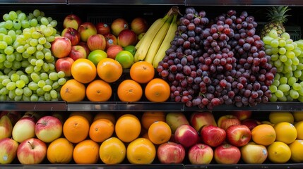 A Variety Of Fruits Are On Display At A Grocery Store Including Apples, Grapes, Bananas, And Oranges.