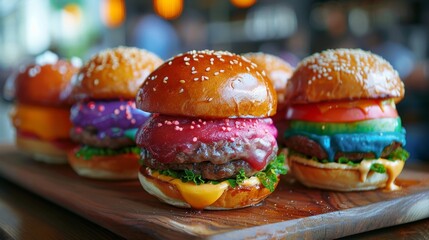 Vibrant Rainbow Burgers Served on a Platter, Colorful Gourmet Burger Selection for Fun Food Concept